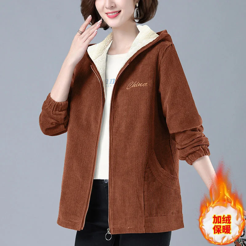 Corduroy Velvet Thick Short Coat Female Tide 2022 Autumn Winter Mothers Loose Warm Lamb Wool Zipper Slim Hooded Jacket A648