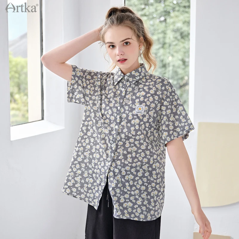 

ARTKA 2021 Summer New Women Blouse 100% Cotton Elegant Daisy Print Shirts Turndown Collar Loose Short Sleeve Shirt SA22014X