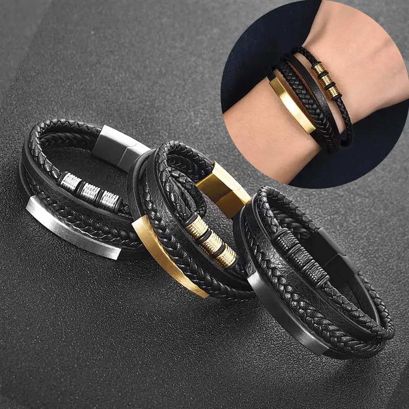 2021 New Style Hand-woven Multi-layer Combination Accessory Stainless Steel Men's Leather Bracelet Fashion Man Jewelry Wholesale