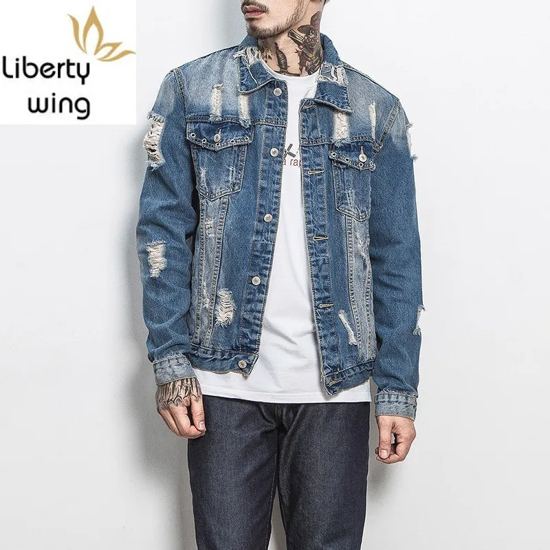 

Retro Slim Ripped Denim Jackets Tops Coats Spring Men Washed Long Sleeve Jeans Jacket Casaco Masculino Plus Size 5xl Outwear