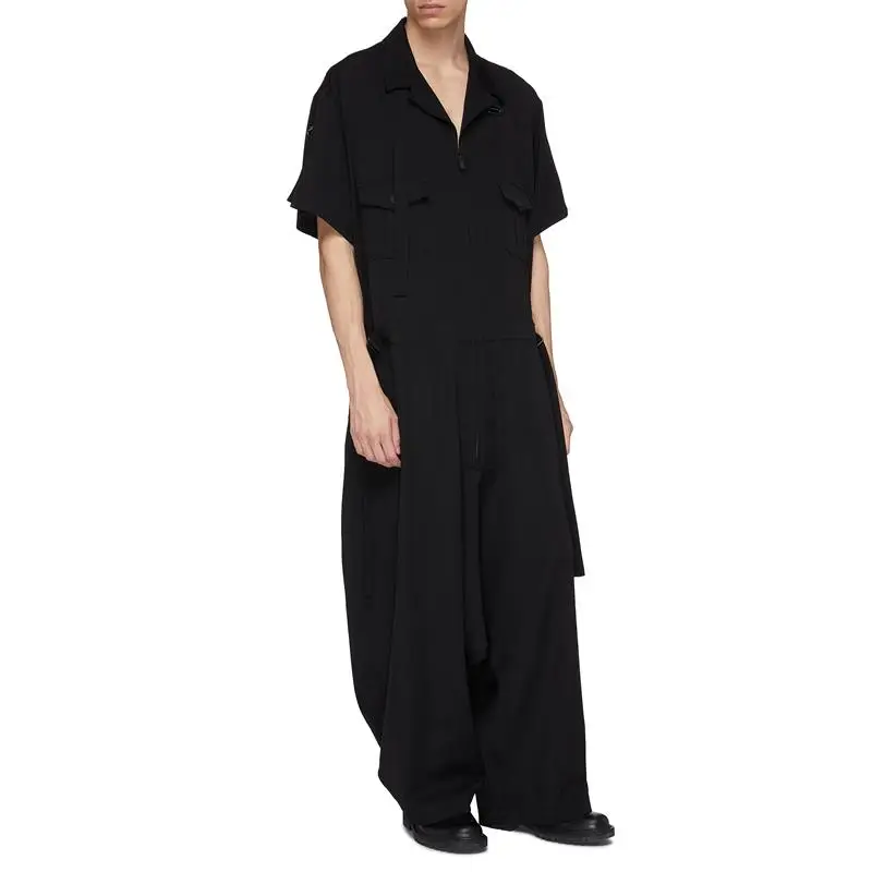 Men's new short-sleeved cargo jumpsuit loose large casual dark simple large trousers