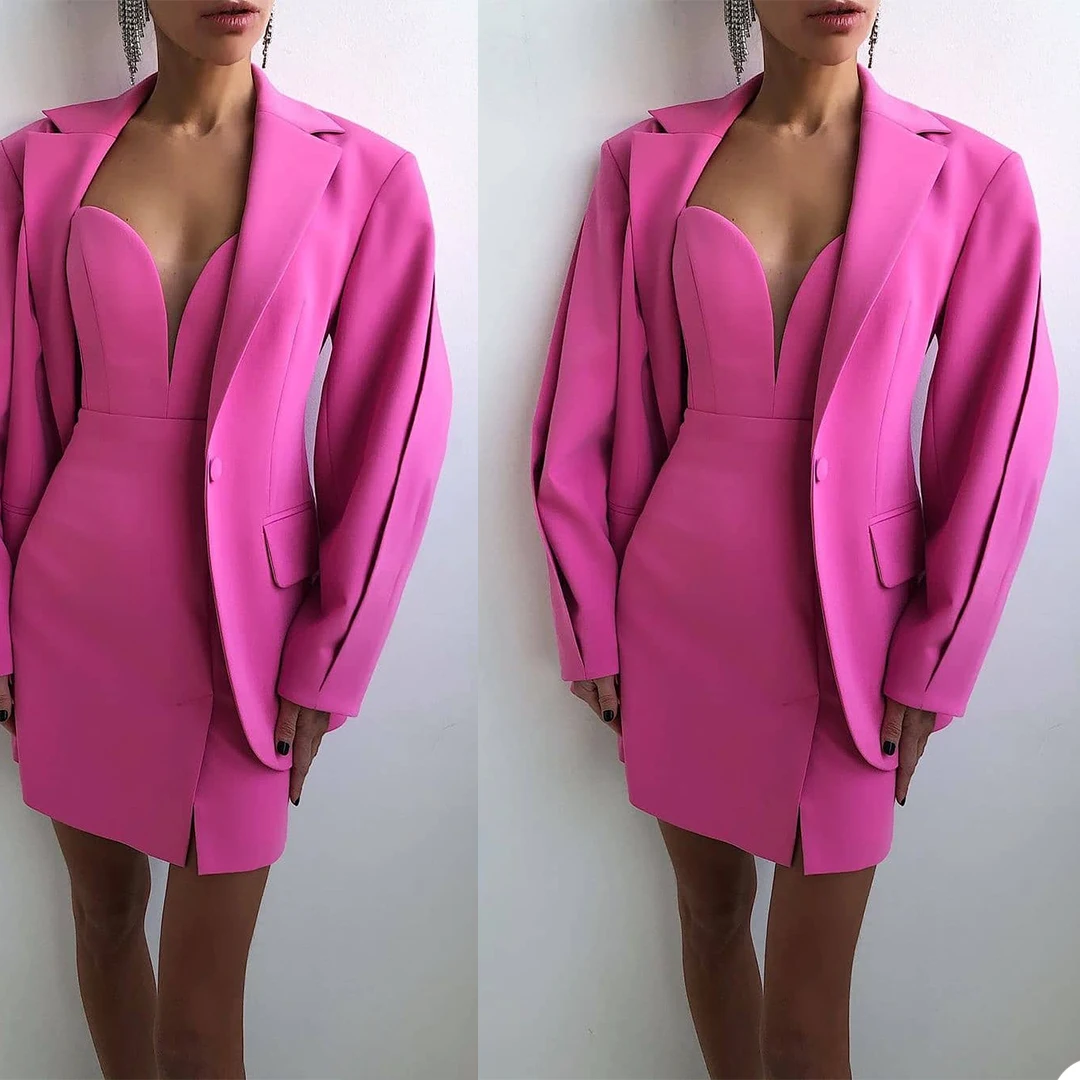 Sexy Vintage Women Suits Fashion Double Breasted Blazer & Tube Top Skirt Casual Daily Coat Two Piece Set