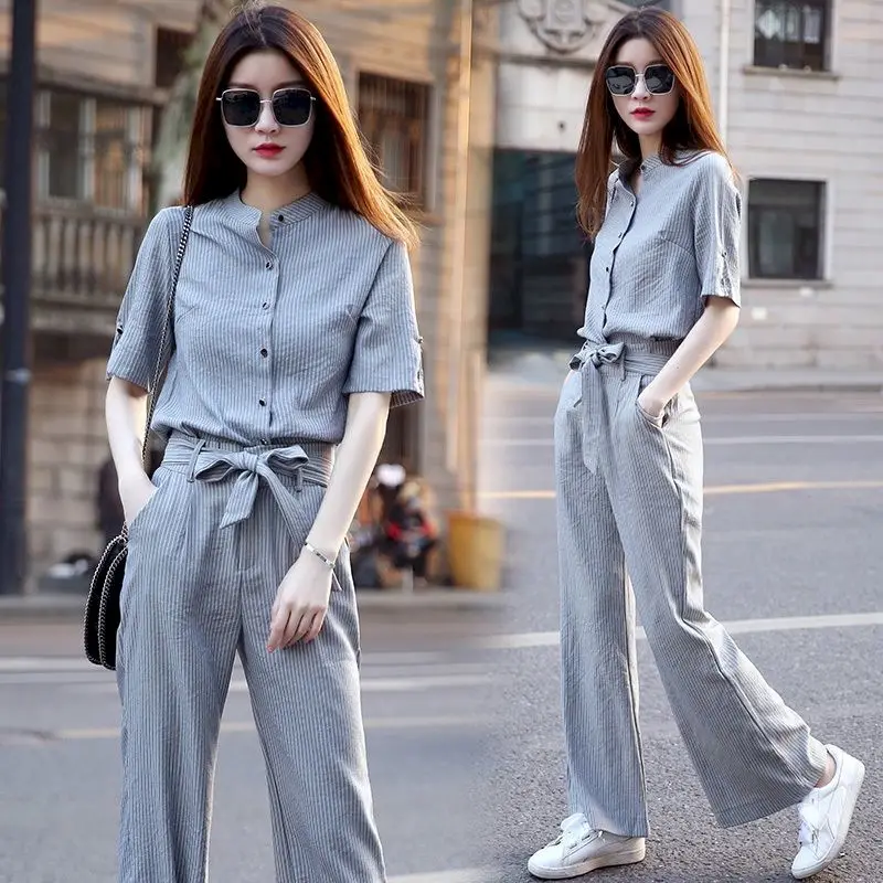 Shirt Wide-leg Pants Suit Women's Summer New Temperament Large Size Fashion Casual Short Sleeve Shirt And Trousers Two Piece Set