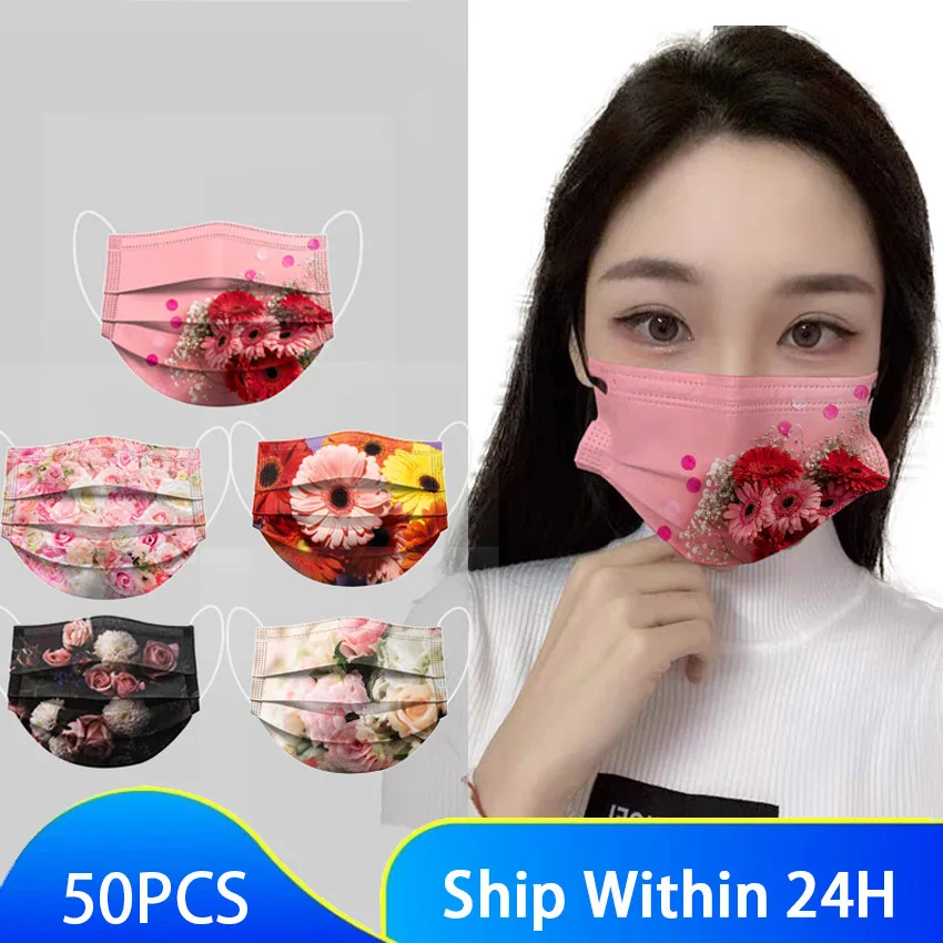 

2022 Adult Floral Printed Masks Mouth-muffle Disposable Flower Pattern Face mask 3 Layer Ply Meltblown Cloth Filter Facemask