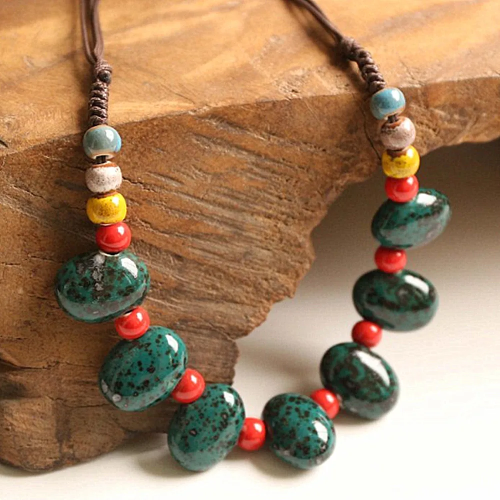 Fashion Ethnic style Handmade ceramic Bead pendant sweater chain necklace N492