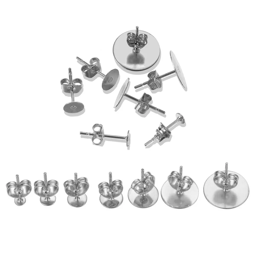100 Stück/Los, 3 mm–12 mm, silberfarbene, unbeschichtete Ohrstecker aus Edelstahl, mit Ohrstecker-Steckern für die Herstellung von Schmuck im DIY-Stil. – Detail 2