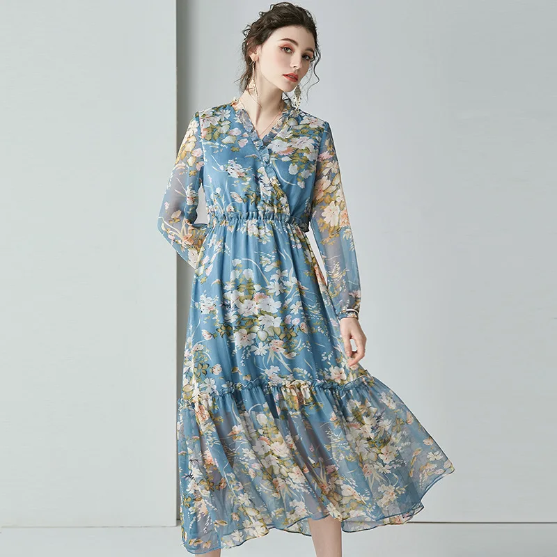 

blue chiffon floral maxi dress women femme 2020 summer long work boho beach office sexy party luxury dresses plus size free ship