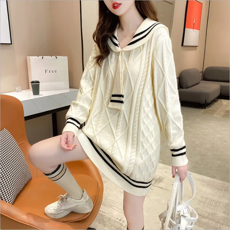 Mid-length Sweater 2023 New Women Loose Outer Wear Navy Style Korean Style Western Style Autumn Knitted Dress Trend