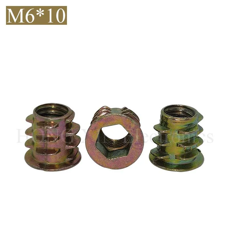 【M6*10】Threaded Insert, Zinc, Hex-Flanged, M6 Internal Threads, 10mm Length Inside and Outside Thread Zinc-alloy