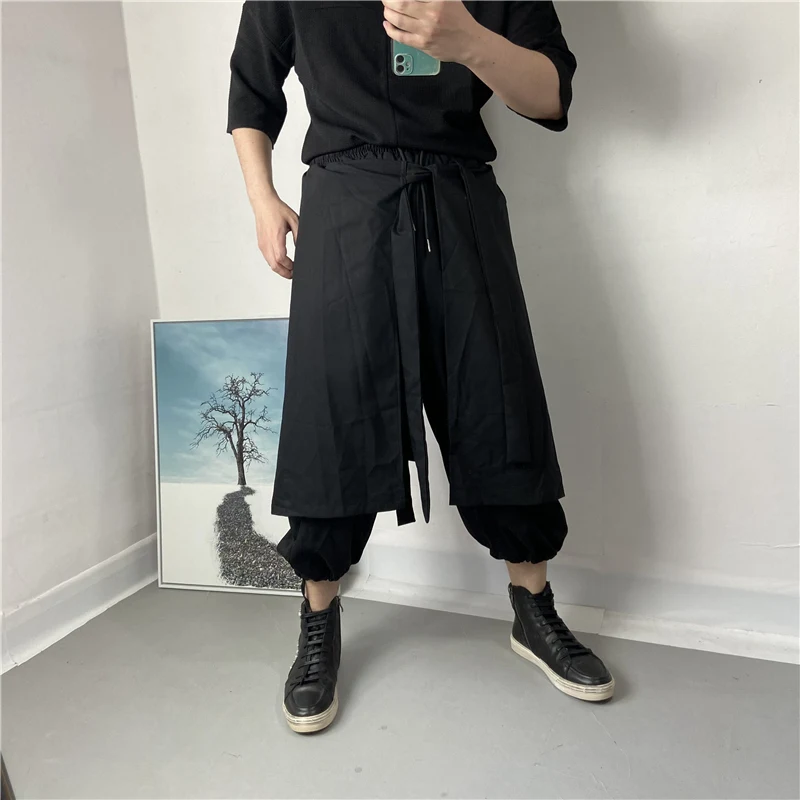 Men's Wide-Leg Trousers Spring And Autumn New Personality False Two Pieces Of Stitching Large Size Seven - Minute Trousers