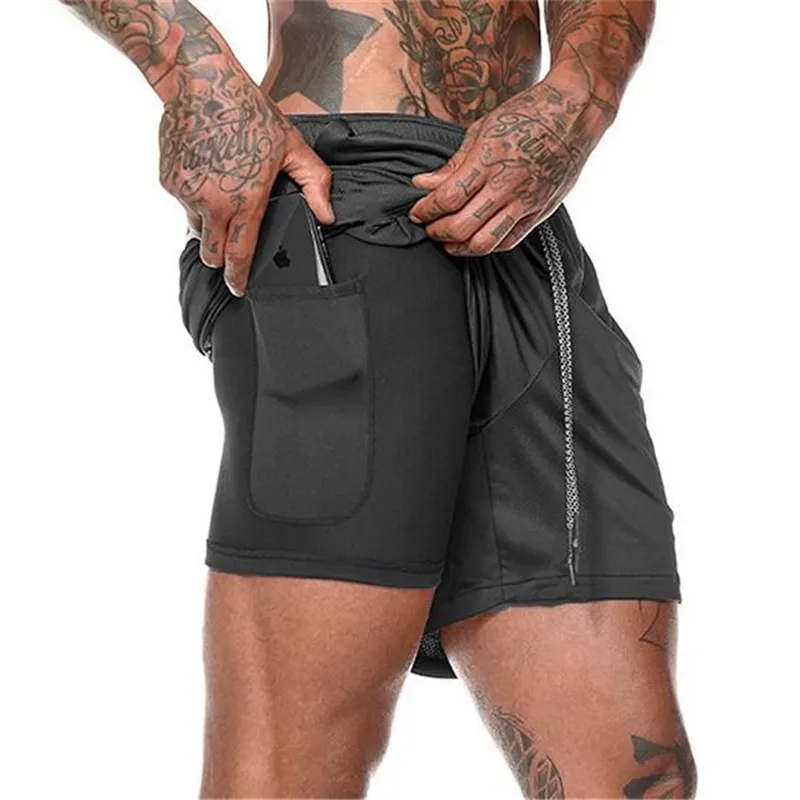 New Men 2 in 1 Running Shorts Gym Fitness Bodybuilding Training Quick Dry Beach Short Pants Male Summer Workout Crossfit Bottoms