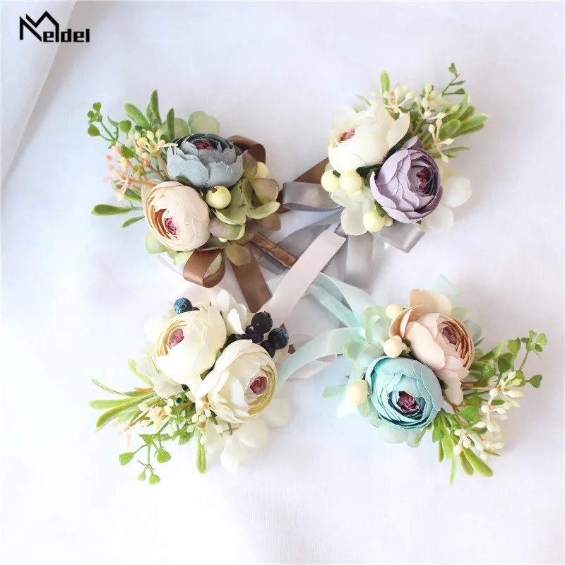 Meldel สีขาวสีชมพูเจ้าบ่าว Boutonniere ผู้ชายผ้าไหม Rose ผู้หญิงเข็มกลัดงานแต่งงาน Corsage PIN ดอกไม้แต่งงานดอกไม้ผ้าไหม Corsages