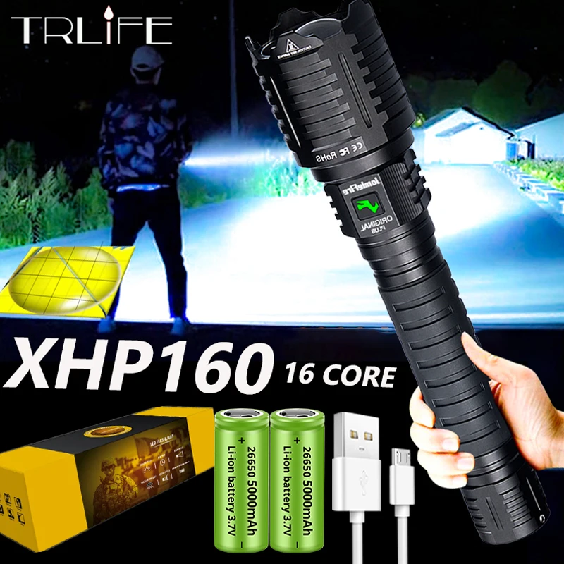 

10400MAH XHP160 Powerful LED Flashlight USB Recharge Zoom Torch 5000000LM XHP100 Waterproof 18650 Battery Work Lamp Tail Hammer