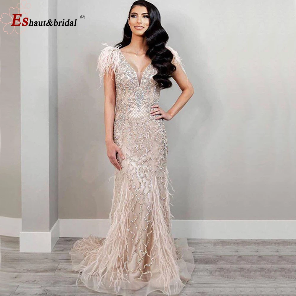 Luxury V-Neck Mermaid Evening Night Dresses for Women 2023 O Neck Feather Sequin Beads Handmade Formal Wedding Prom Party Gowns