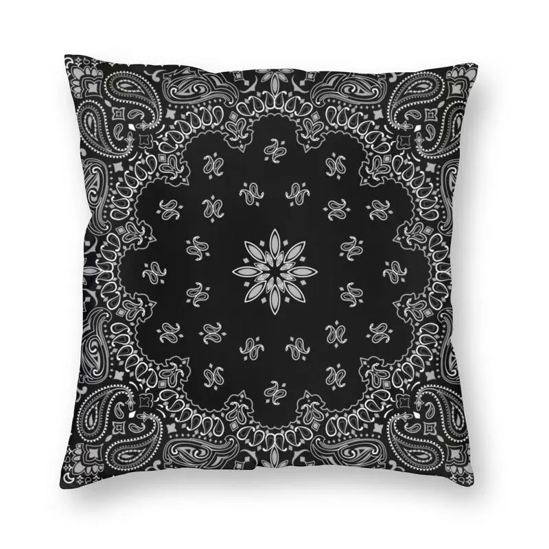 Black Bandana Paisley Print Throw Pillow Case Decor Square Bohemian Floral Art Cushion Cover 40x40 Pillowcover for Living Room