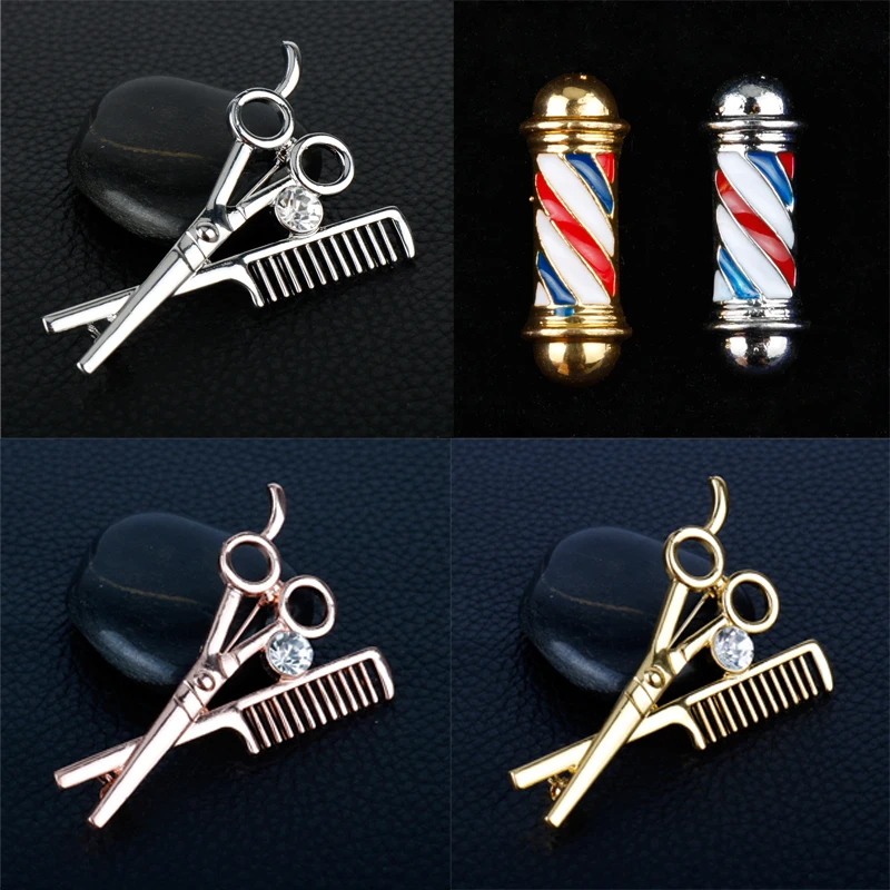 Badge Brooch Pins 3D Barber Shop Pole Shape Brooches 3Colors Crystal Razor Scissors Enamel Pin Cute Hairdresser Deco Accessories