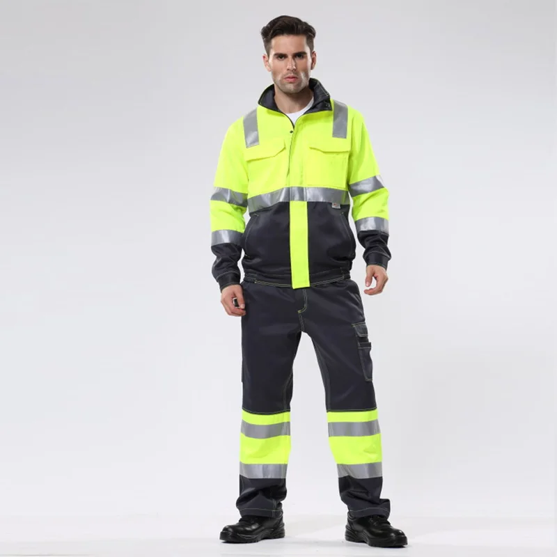 

Men's Hi vis Two tone Workwear Jacket and cargo pants work jacket work trousers safety suit with 3M reflective tapes