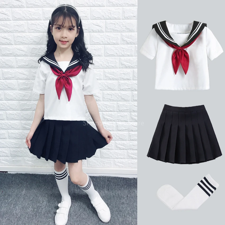 Miúdo jk vestido de marinheiro 4 pçs menina japonês coreano ortodoxo escola uniforme saia plissada marinha manga curta kawaii terno anime cos