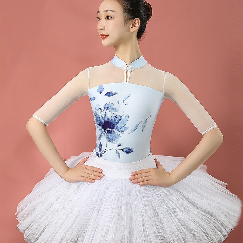 Dance Training Mock Neck Blue Bodysuit Open Keyhole Ink Printing Chinese Knot Button Ballet Leotard Swimwear