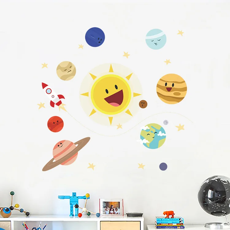 Cartoon-Sonnensystem-Planeten-Wandaufkleber Kinderzimmer-Hintergrunddekoration Selbstklebende Tapete Schlafzimmerdekoration Abnehmbare Aufkleber – Detail 2