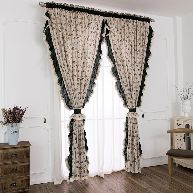 

Pastoral American Rural Linen Curtains with Ruffles Small Floral Cotton Semi-blackout Curtains Beautiful Window Treatments