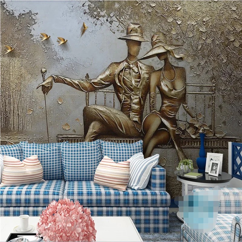 XUE SU Custom large wallpaper mural European 3D three-dimensional golden relief park couple interior decoration painting