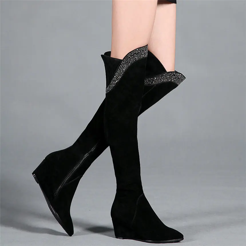 Women Genuine Leather Wedges High Heel Over The Knee High Motorcycle Boots Female Winter Pointed Toe Rhinestones Pumps Shoes