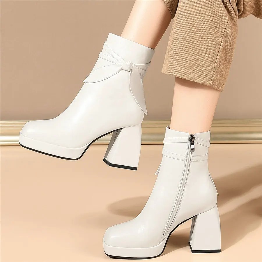 2023 Winter Warm Shoes Women Genuine Leather Chunky High Heels Motorcycle Boots Female High Top Square Toe Platform Pumps Shoes