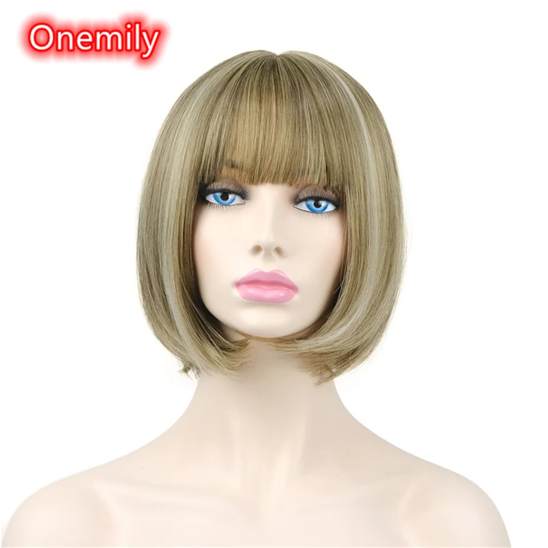 

Onemily Short Bob Synthetic Wigs with Neat Bangs for Women Girls Blonde Brown Theme Party Evening Out Dating Fun