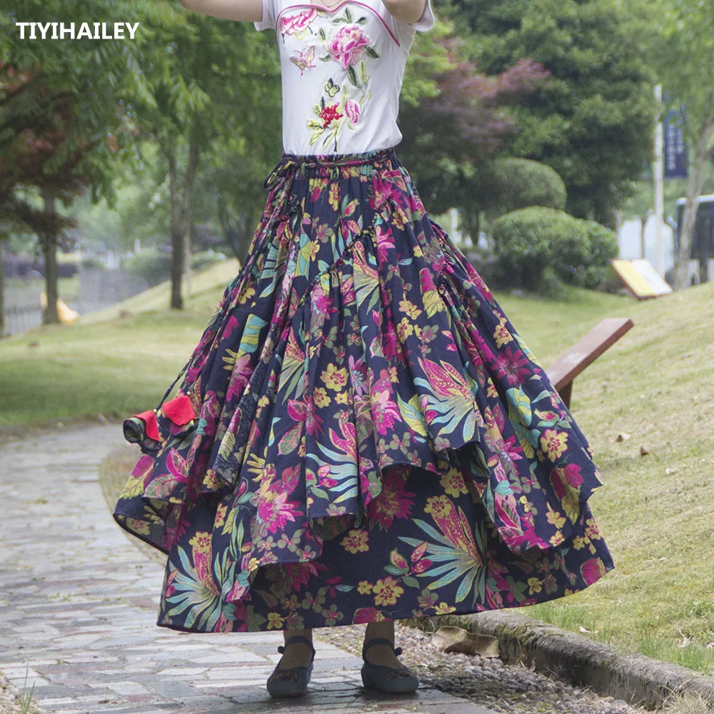 

TIYIHAILEY Free Shipping 2021 New Long Maxi A-line Elastic Waist Women Cotton Linen Print Flower S-2XL Irregular Chinese Skirts