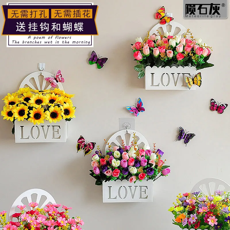 Wall hanging flower basket simulation flower suit plastic false flower wall hanging decoration indoor wall spring decoration