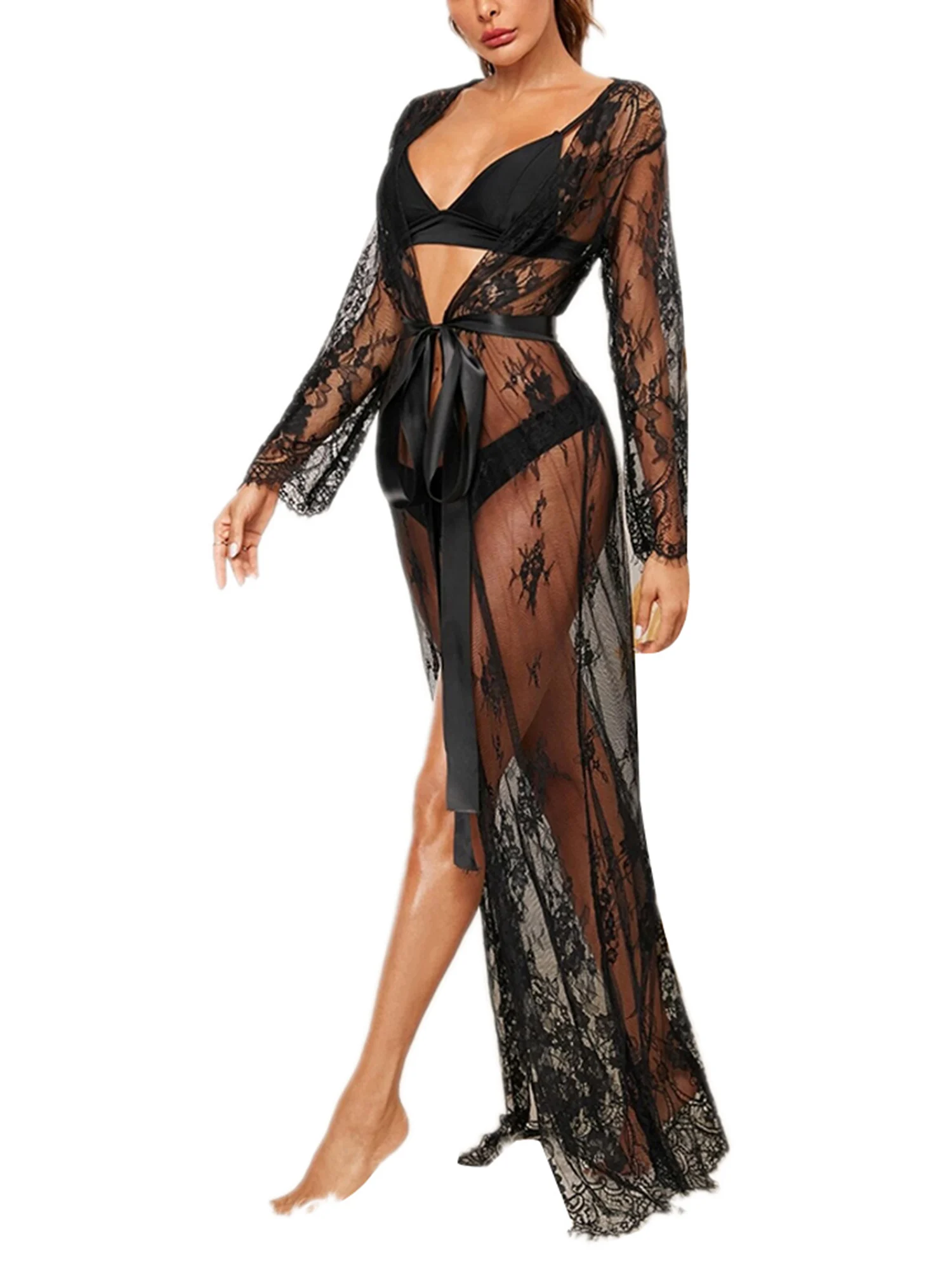 New Women Long Sleeve Lace Robe Dress Fashion Solid Sexy Perspective Pajamas Robe Sleepwear Underwear Lingerie Satin Silk Belt