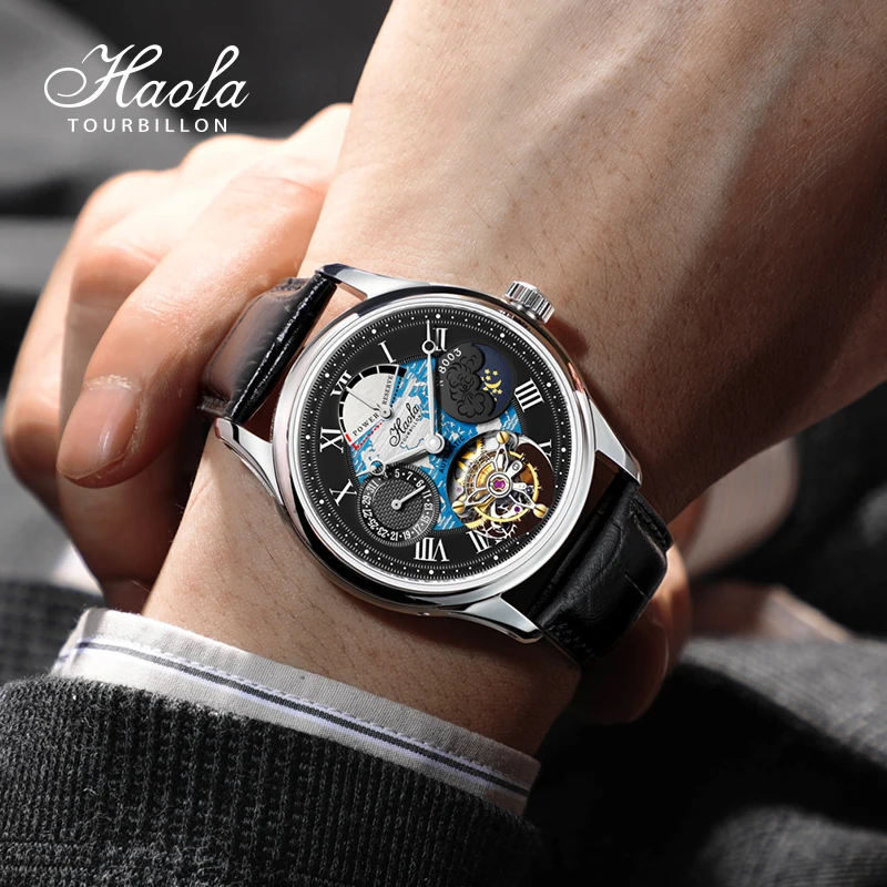 Haofa Luxury Flying Tourbillon Watches for Men Skeleton Moon Phase Sapphire Automatic Mechanical Watch Waterproof Business 8003