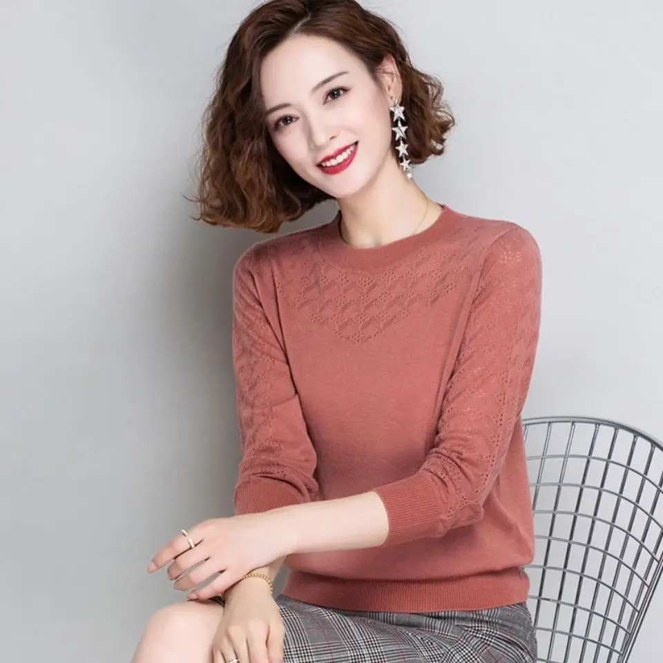 Hollow Thin Knitted Top Long-sleeved Women\'s Spring Bottoming Round Neck Pullover Sweater 2021 New Solid Tees Shirt