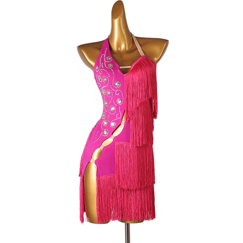 Vestidos de competição latina sem mangas com strass para mulheres, dança, rosa vermelha, samba, branco, tango, vestido de baile, costas sem mangas