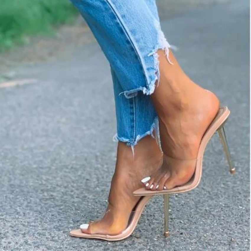 2024 Summer Women Pumps Transparent PVC Slippers Women Pointed Toe Metal Stiletto High Heels Sandals Ladies Mules Shoes