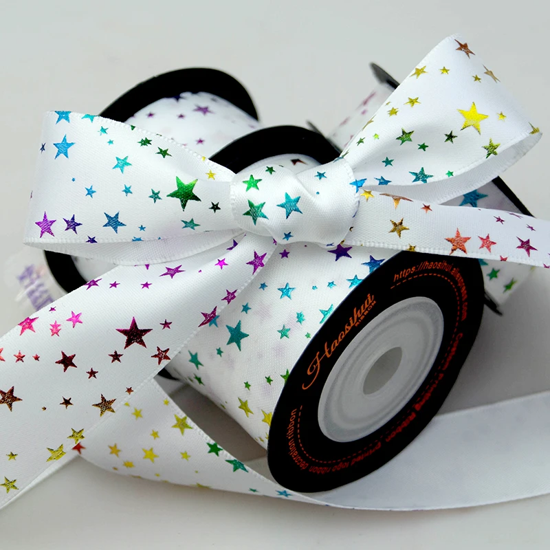 

HAOSIHUI 16 25 38mm Printed Colorful Glitter Stars White Satin Ribbons for Hair Bows Crafts DIY Handmade Accessories 5meter/lot