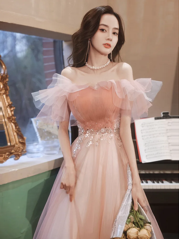 

Korean Style Party Gowns For Women Strapless Sequined A-Line Graceful Evening Dress Ankle-Length Sashes Gentle Pageant Gowns