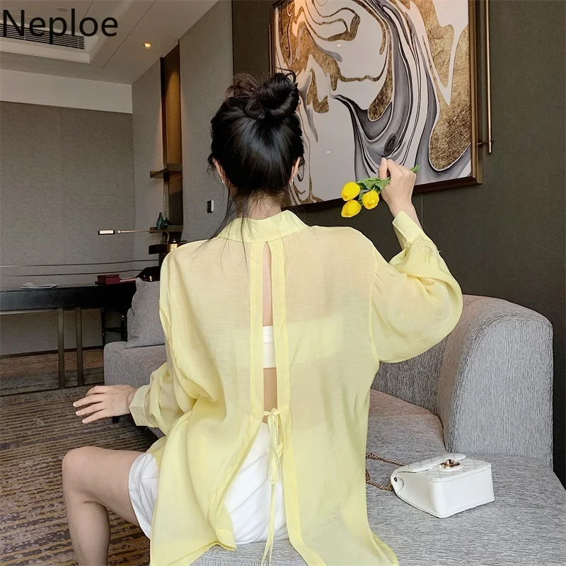 Neploe Korean Sunscreen Shirt Women 2023 Summer Clothes Fashion Bandage Blouses Elegant Loose Long Sleeve See Through White Tops