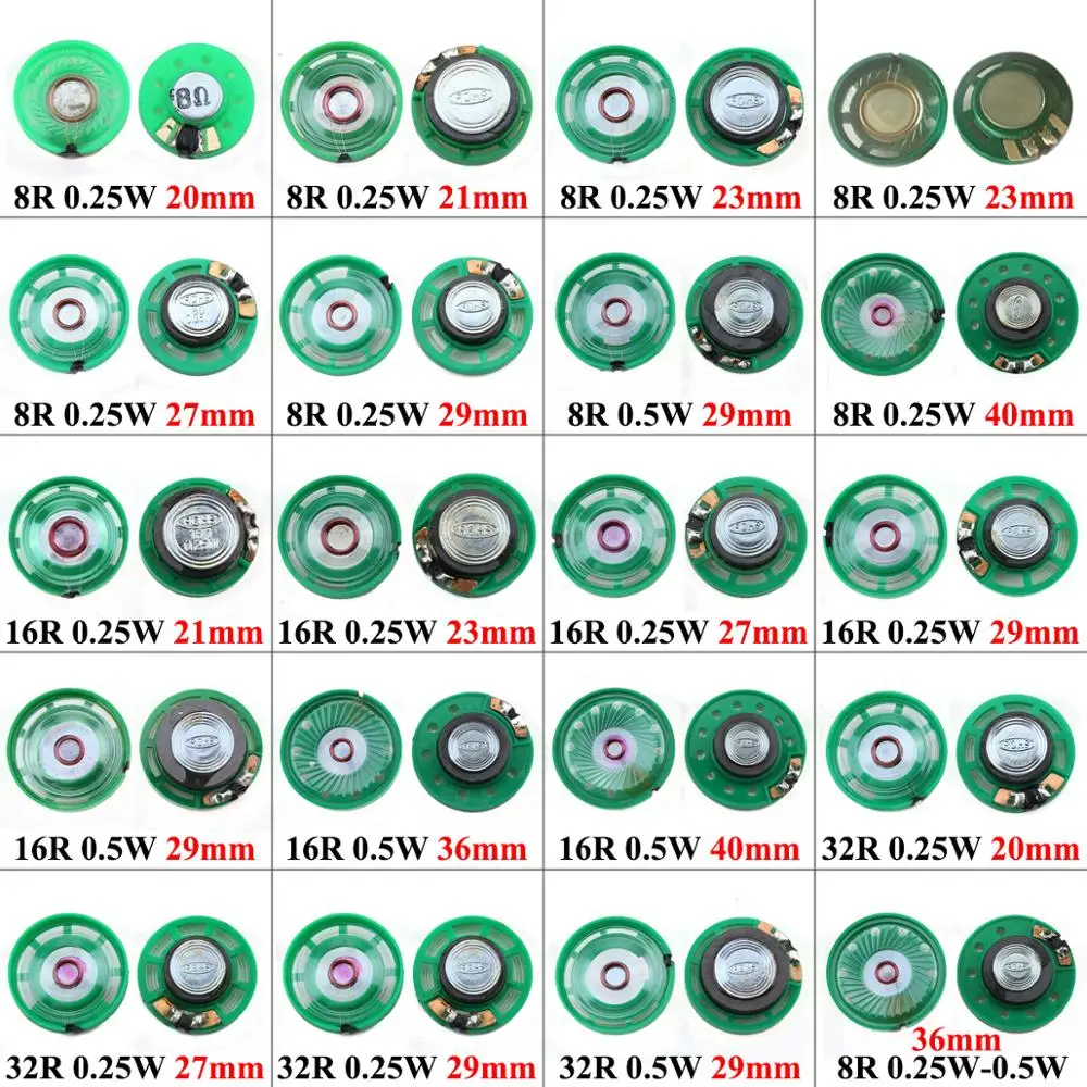 YuXi Ultradünner Mini-Lautsprecher, 8 Ohm, 0,25 Watt, 0,25 W, 0,5 W, 16R-Lautsprecher, Durchmesser 20/21/23/26/27/29/36/40 mm