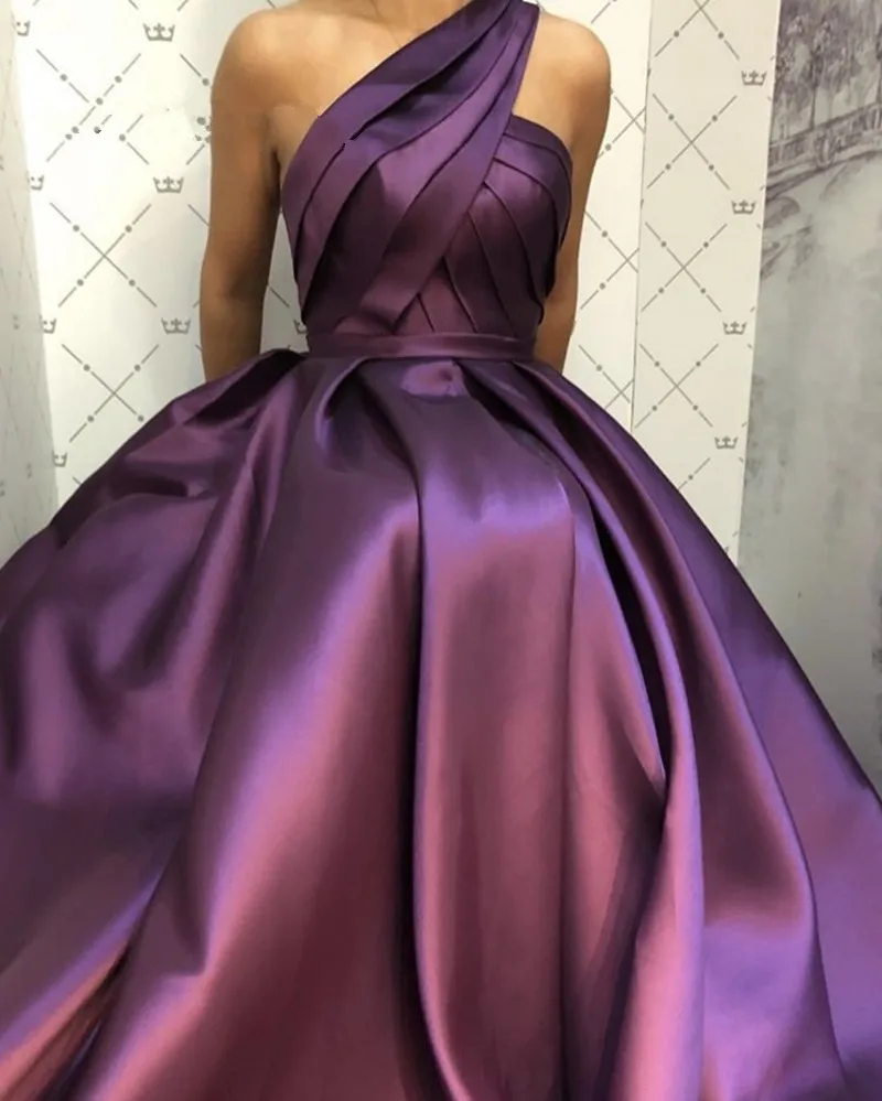 One Shoulder Sleeveless A-Line Floor Length Satin Pleated Long Women Prom Dresses 2020 Side Slit Party Gown For Prom gown