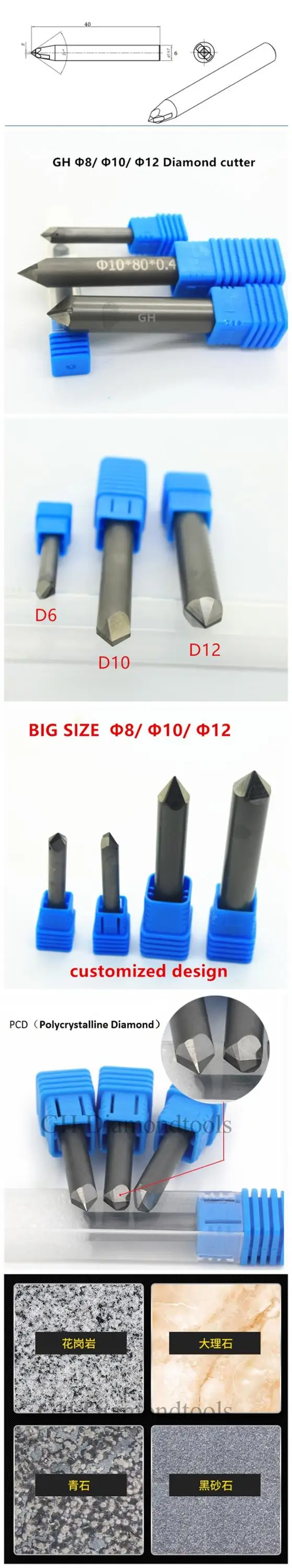 Großformatige 8 mm 10 mm Diamant-Steinschneider-Fräser PCD Gravur-Bits Granit-Gravierwerkzeuge Schnitzfräser für Marmor – Detail 1