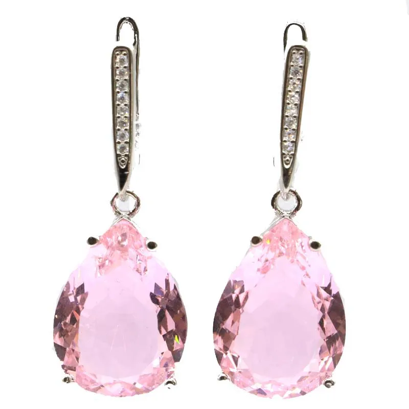 27x13mm SheCrown Jewelry Set Drop 18x13mm Pink Kunzite Gift For Girls Silver Pendant Earrings