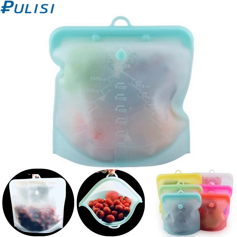 PULISI Silicone Reusable Food Bag 1 Piece 1500ml 50oz Leakproof Containers Reusable Fresh Bag Food Storage Bag Freezer Bag Snack