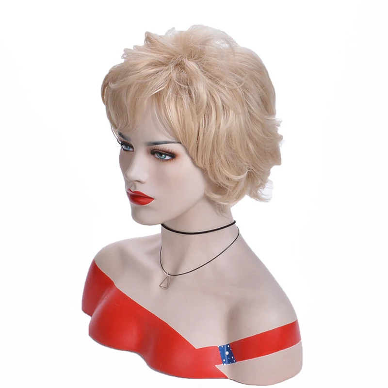 Ladies Short Blonde Curly Wig With Side Part Bangs Synthetic Wig For Women Daily Party Use