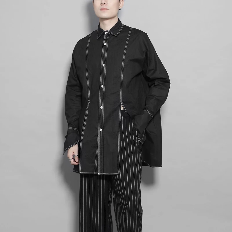 S-6XL!!2020 original spring clothing personality three-dimensional line splicing in the long long-sleeve shirt men loose