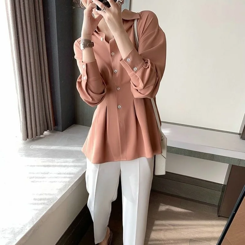 Shirts Women Chiffon Spring Tunic Office Pure Color Temperament Ins Tender Long Sleeve All-match Classy Mujer Clothes Ulzzang