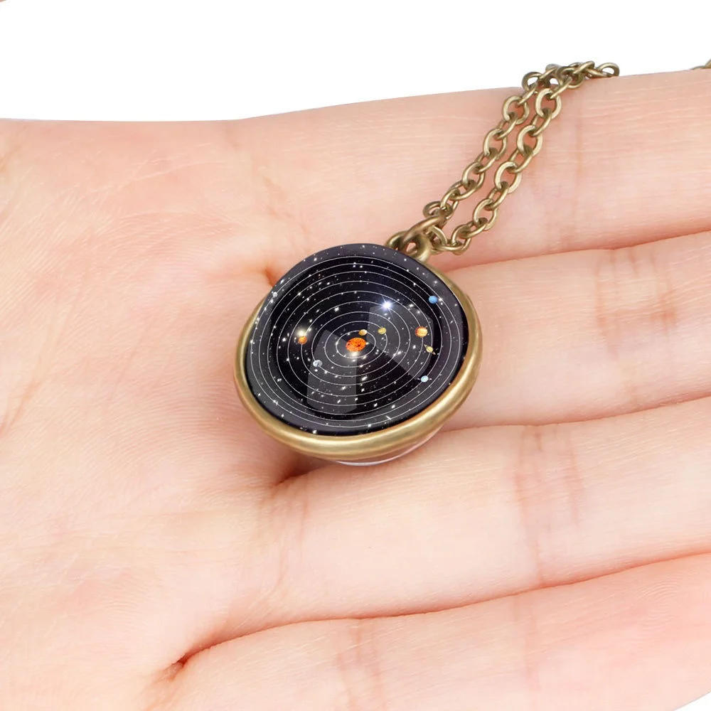 Luminous Solar System Necklace Nebula Galaxy Planet Universe Double Sided Glass Ball Necklaces