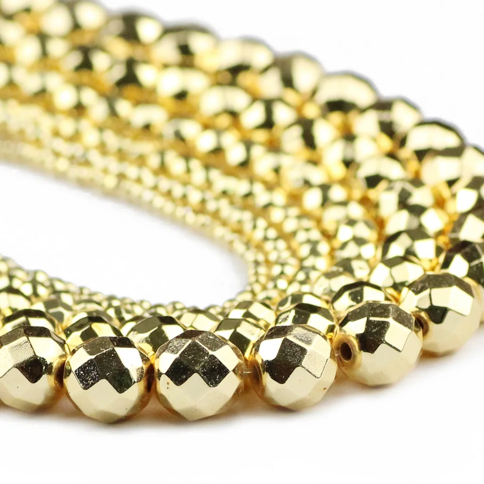 Yellow Gold Color Faceted Hematite beads Natural Stone 2/3/4/6/8/10mm Round Loose beads Jewelry Making bracelets necklace DIY