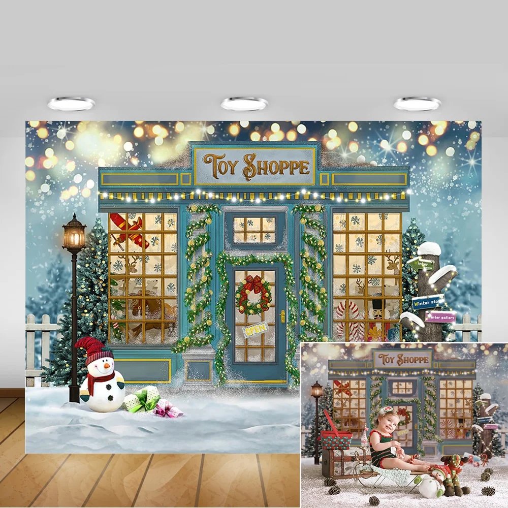 Mainan Musim Dingin Shoppe latar belakang Natal Photocall Bokeh salju manusia salju potret latar belakang fotografi pohon Snowfiled latar belakang